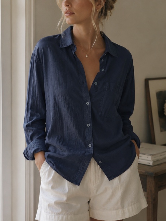 Nia Tops - NIA Navy Cotton Long Sleeve Button-Down Shirt Size Small 39500